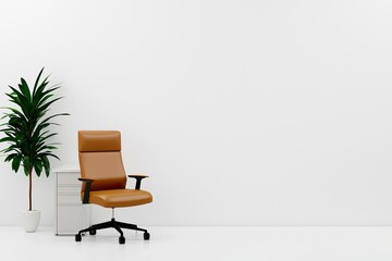 Fototapeta premium Chic modern office with minimalist desk, stylish chair, and lush plants, neutral background