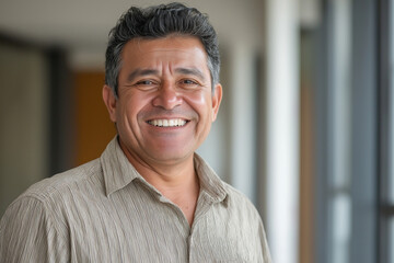 Fototapeta premium Portrait of smiling middle-aged Hispanic man in casual shirt with natural light office background