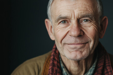 Obraz premium Portrait of happy senior man with good health looking at camera and smiling isolated on dark background
