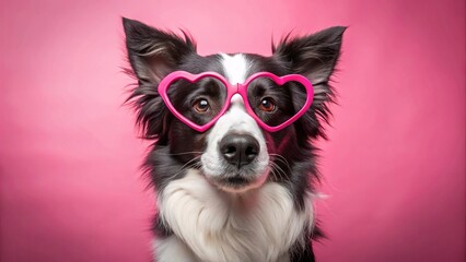 Fototapeta premium Cute Border Collie Wearing Pink Heart-Shaped Valentine's Day Glasses on Pink Background