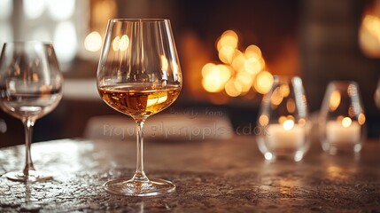 Elegant wine glasses on a wooden table with warm lighting