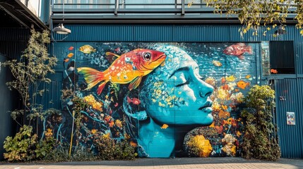 Obraz premium Underwater Mural Woman, Fish, and Ocean Flora