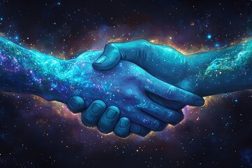 Cosmic handshake, universe, galaxy, hands clasped together.