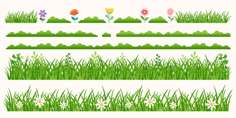 Green grass borders set isolated white background. All layered and grouped. Vector.