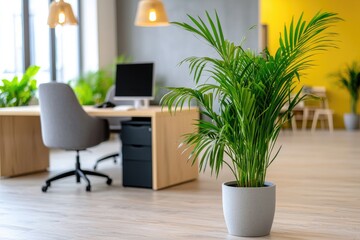 Fototapeta premium Bright interior office featuring chic furnishings, large plants, and an organized workspace, set against a neutral backdrop