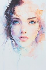 A striking portrait showcases a woman with delicate facial features and flowing hair. Accents of light and muted pastels bring the artwork to life against a clean white backdrop