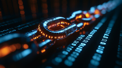 Cybersecurity Chain: A gleaming, metallic chain link glows with an inner orange light, resting on a field of binary code, symbolizing the strength and security of digital systems. 