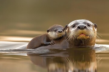 Fototapeta premium An Amazonian giant river otter swimming playfully with its young in a calm river.