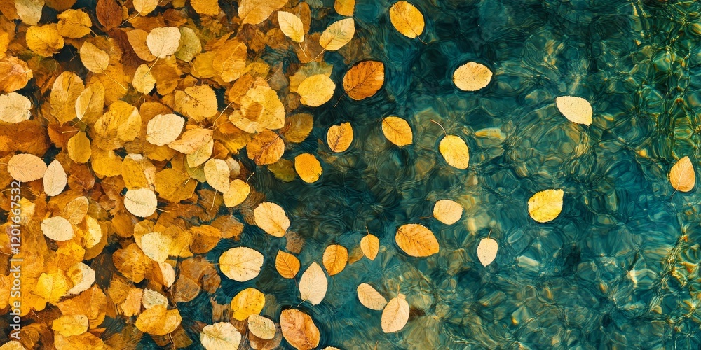 Poster leaves on water create a serene scene as the water surface is adorned with foliage, offering a capti