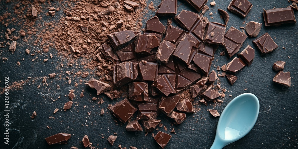 Poster contemporary aerial perspective of chocolate on a dark slate tabletop, accompanied by a pale blue sp