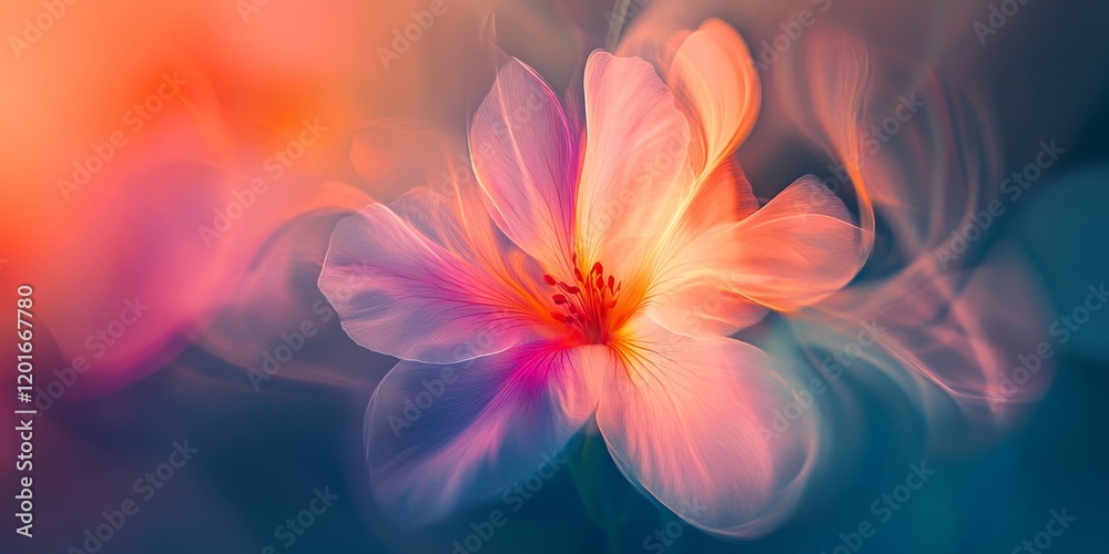 Poster Defocused abstract background featuring a flower, creating a dreamy visual effect. This flower s vibrant colors merge beautifully in this abstract background, perfect for creative projects.