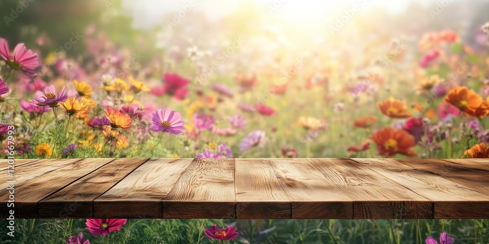 Poster wood table top with an abstract blur flower field backdrop, creating a perfect setting for showcasin