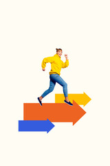 Poster image vertical photo collage of happy businesswoman run arrow development pointer direction...