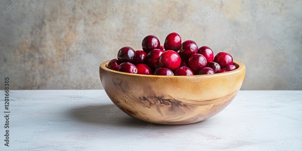 Poster ripe cranberry displayed in a wooden bowl on a softened pastel table, showcasing the vibrant color a