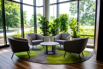 An inviting workspace featuring ergonomic furniture and greenery, promoting healthy habits and stress relief for employees