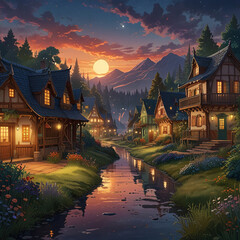 A peaceful village nestled in the valley at sunset.