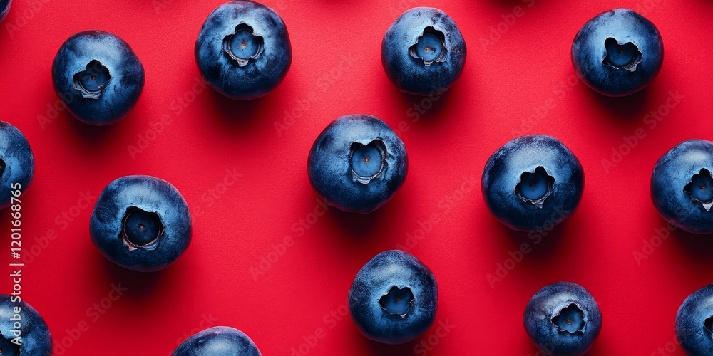 Poster fresh blueberries are isolated on a vibrant red background for a striking closeup. this captivating 