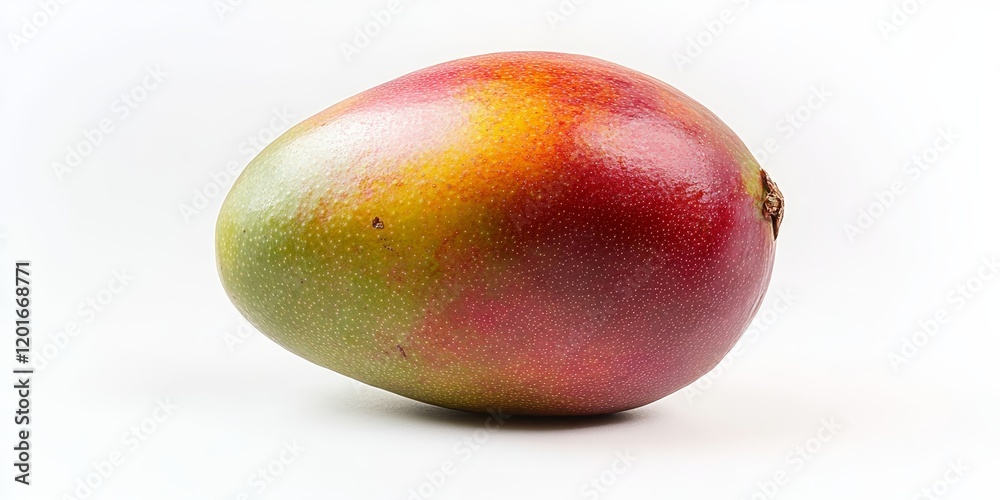 Poster Isolated ripe mango rests on a white background, showcasing its vibrant color and unique texture. This ripe mango stands out with a soft shadow, highlighting its freshness and appeal.