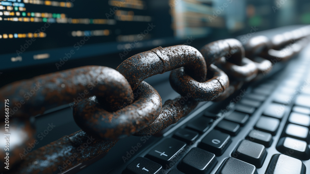 Poster cybersecurity & digital chains: a close-up shot of a heavy rusty chain lying across a laptop keyboar