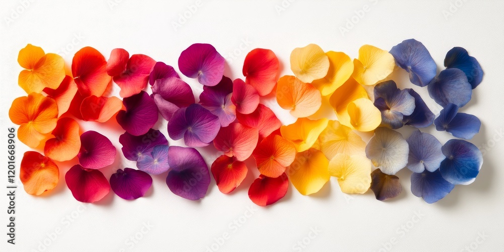 Poster A grouping of colorful petals arranged against a white backdrop creates a vibrant and appealing visual contrast in this collection of petals on a white surface.