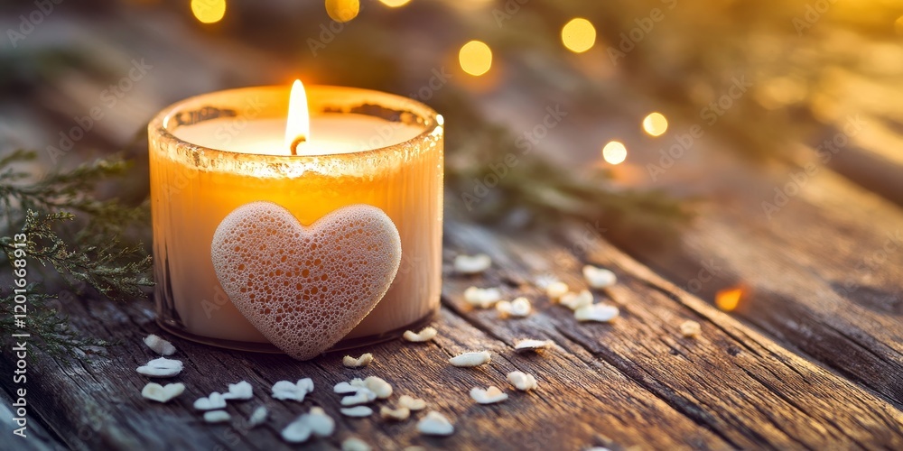 Poster Candle featuring a heart made of foam is placed on a wooden table, creating a cozy and charming atmosphere. The foam heart adds a delightful touch to the scene.