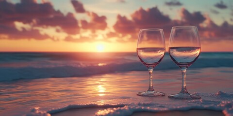 A close up view features a pair of wine glasses set against the backdrop of a breathtaking sunset at the beach, creating a picturesque moment of serenity.