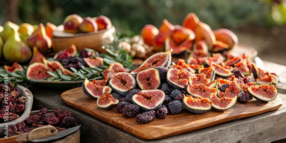 Aufkleber dried figs and fresh fruit beautifully arranged on a wooden table create a delightful presentation. 
