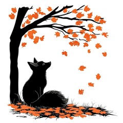 Fox is sitting under a tree with leaves falling