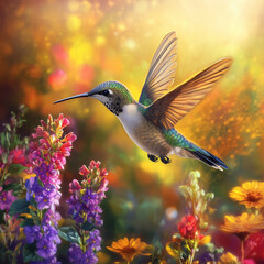 Fototapeta premium Close-up of a colorful hummingbird in mid-flight surrounded by blooming flowers, illuminated by warm sunlight, symbolizing vitality and the beauty of nature