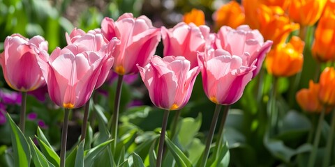 Fototapeta premium Vibrant pink tulips beautifully contrast with lively orange tulips, creating a stunning display of color with these pink tulips and orange tulips in bloom.