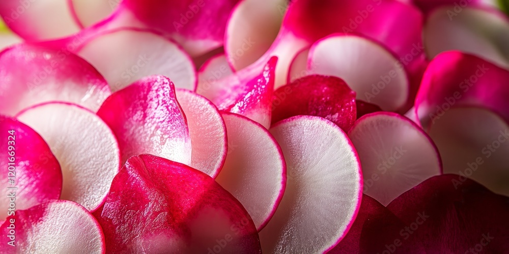 Poster thinly sliced radish presented attractively, showcasing pickled radish in a vibrant display. this im