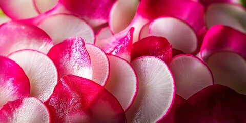 Thinly sliced radish presented attractively, showcasing pickled radish in a vibrant display. This image highlights the freshness and color of thinly sliced radish, perfect for culinary inspiration.
