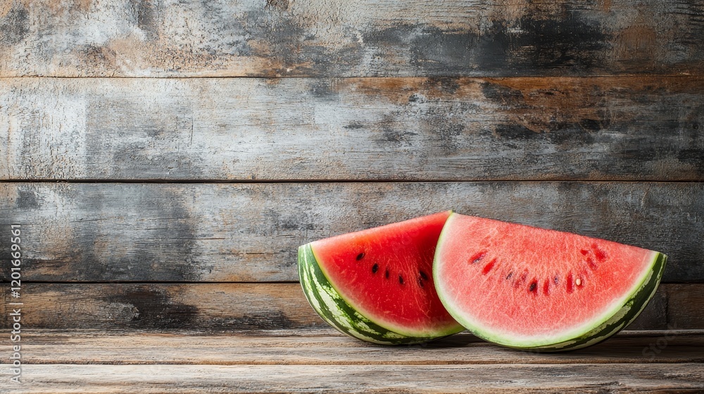 Poster watermelon placed on a wooden background, showcasing the freshness of watermelon amidst a natural se