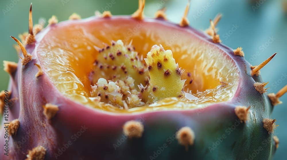 Poster closeup of an opened prickly pear reveals its vibrant interior, showcasing the unique texture and co