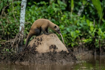 An anteater stretching its long tongue to reach ants on a termite mound in the Pantanal wetlands