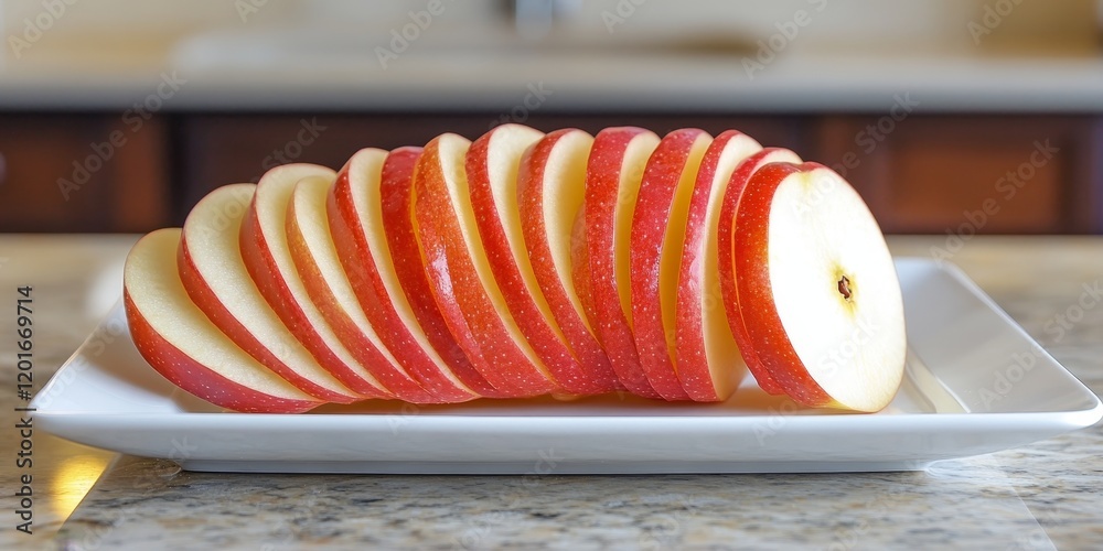 Poster sliced jonagold apple displayed on a white plate highlights the fresh, crisp texture and vibrant col