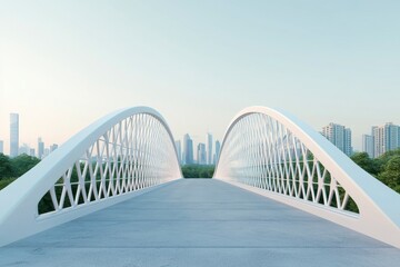 Obraz premium A Modern Futuristic Bridge Connecting Urban Landscapes with Lush Green Surroundings, Showcasing Innovative Architecture and Sustainable Design in a Vibrant City Environment