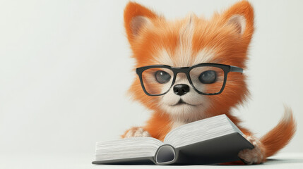 Cute dog with glasses reading a book closely.