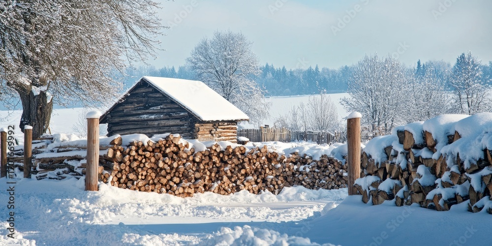 Poster a winter landscape features snow covered ground and neatly stacked firewood, which is intended for u