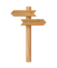 3d wooden signboard vector illustration. Realistic wood sign post. Blank arrow with wood texture, plywood road pointer. City guidance.