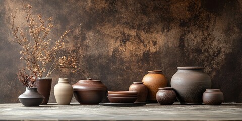 In a market setting, beautifully handcrafted Asian clay ceramics are showcased. The vintage brown backdrop features decorative elements that embody cultural significance.