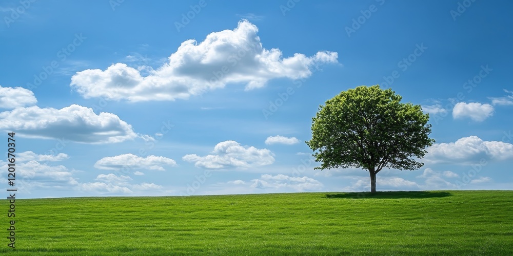 Aufkleber expansive field of vibrant green grass features a solitary tree against a backdrop of gentle clouds 