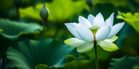 Obraz premium Close up view of a white lotus flower blossom surrounded by lush green foliage, showcasing the delicate beauty of the white lotus among its vibrant natural setting.