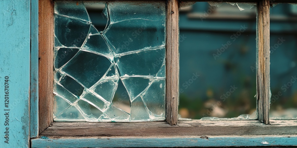 Aufkleber Selective blur effect highlights the shattered glass of a broken window. The broken window, framed in wood, captures the essence of neglect in an abandoned and vandalized property.