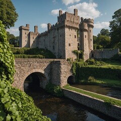 Obraz premium A historic European castle with turrets, a stone bridge over a moat, and ivy climbing its walls.