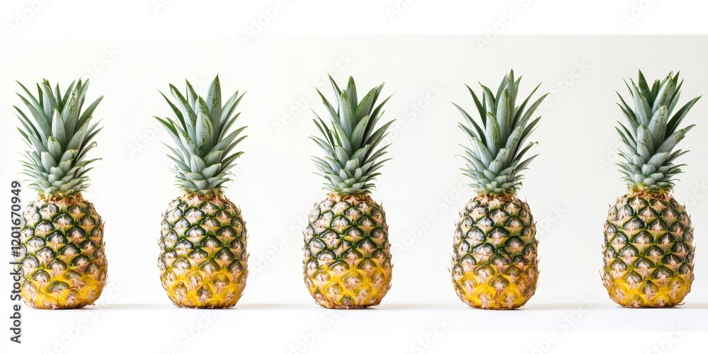 Poster fresh ripe pineapples displayed on a clean white background, showcasing the vibrant color and textur