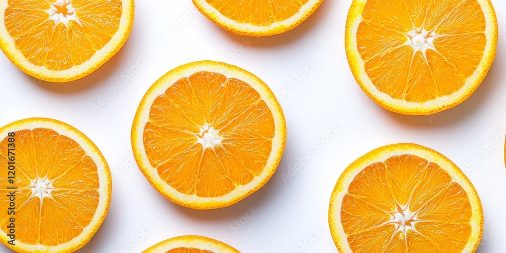 Poster macro image showcasing vibrant ripe orange slices arranged over a clean white background, highlighti