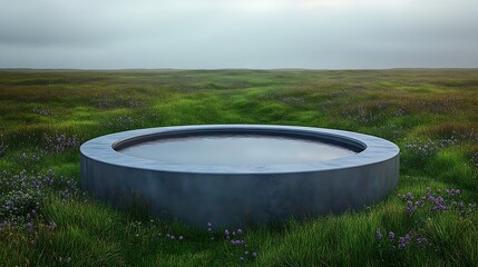 Fototapeta premium Circular water basin in a grassy field