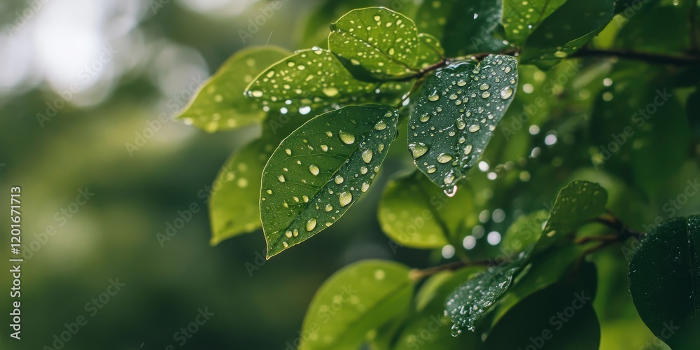 Poster close up view of rain drops on a tree in a wooded area, highlighting the beauty and serenity created