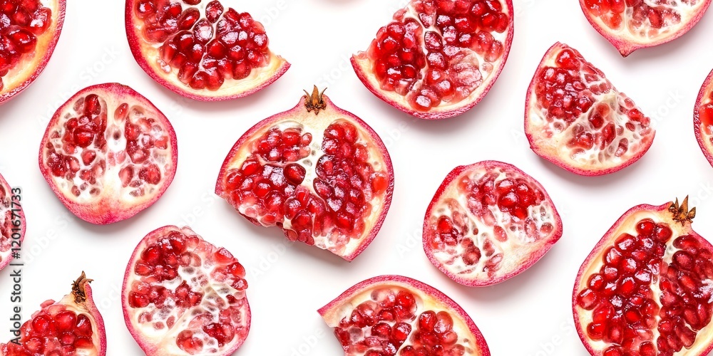 Poster isolated pomegranate slices displayed beautifully against a white background, showcasing the vibrant
